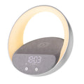 Beige or grey multifunctional Bluetooth speaker clock with wireless charging pad and digital display
