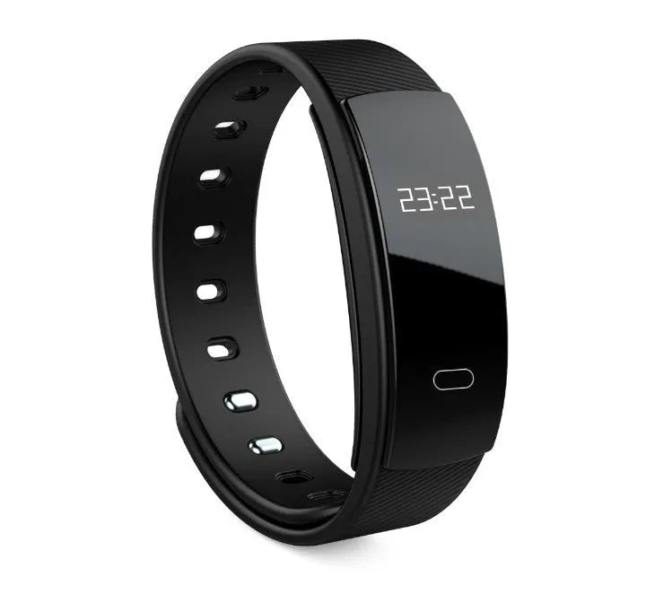 Smart fitness bracelet with OLED screen showing heart rate on wrist, available in black, blue, coffee, red, violet.
