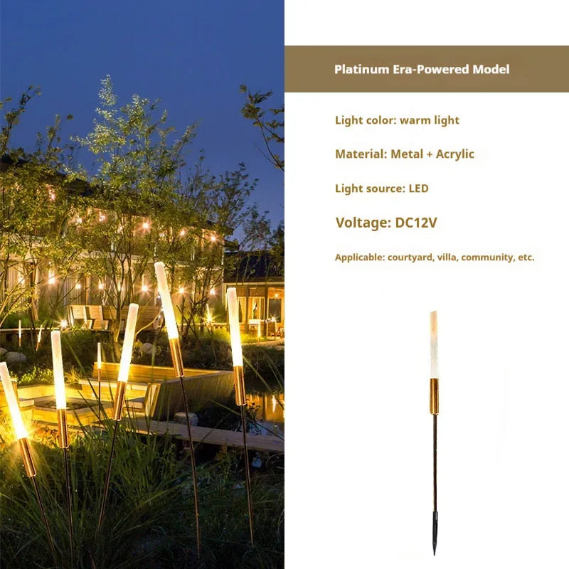 Solar outdoor LED lawn lamp with acrylic shade, available in multiple heights, installed in a garden.