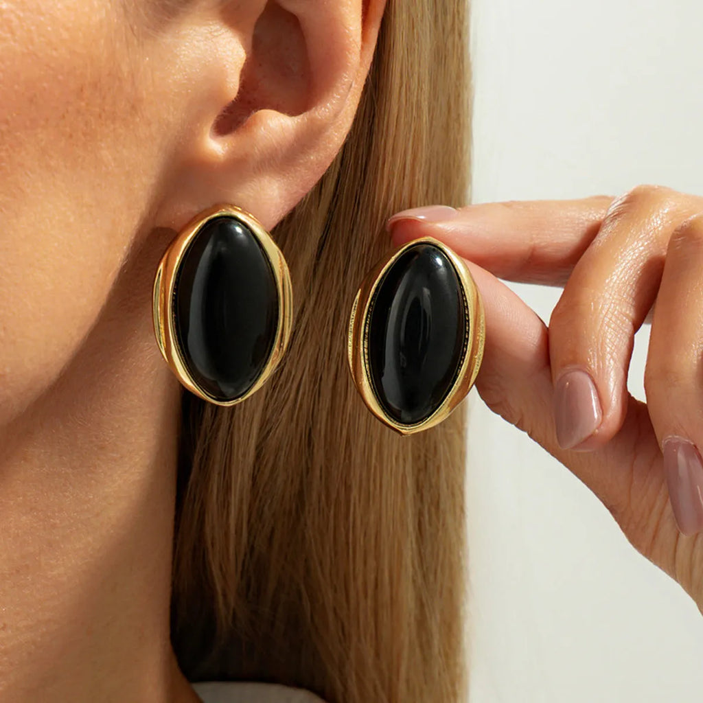 French retro court oval gemstone earrings in electroplated gold with alloy and resin construction