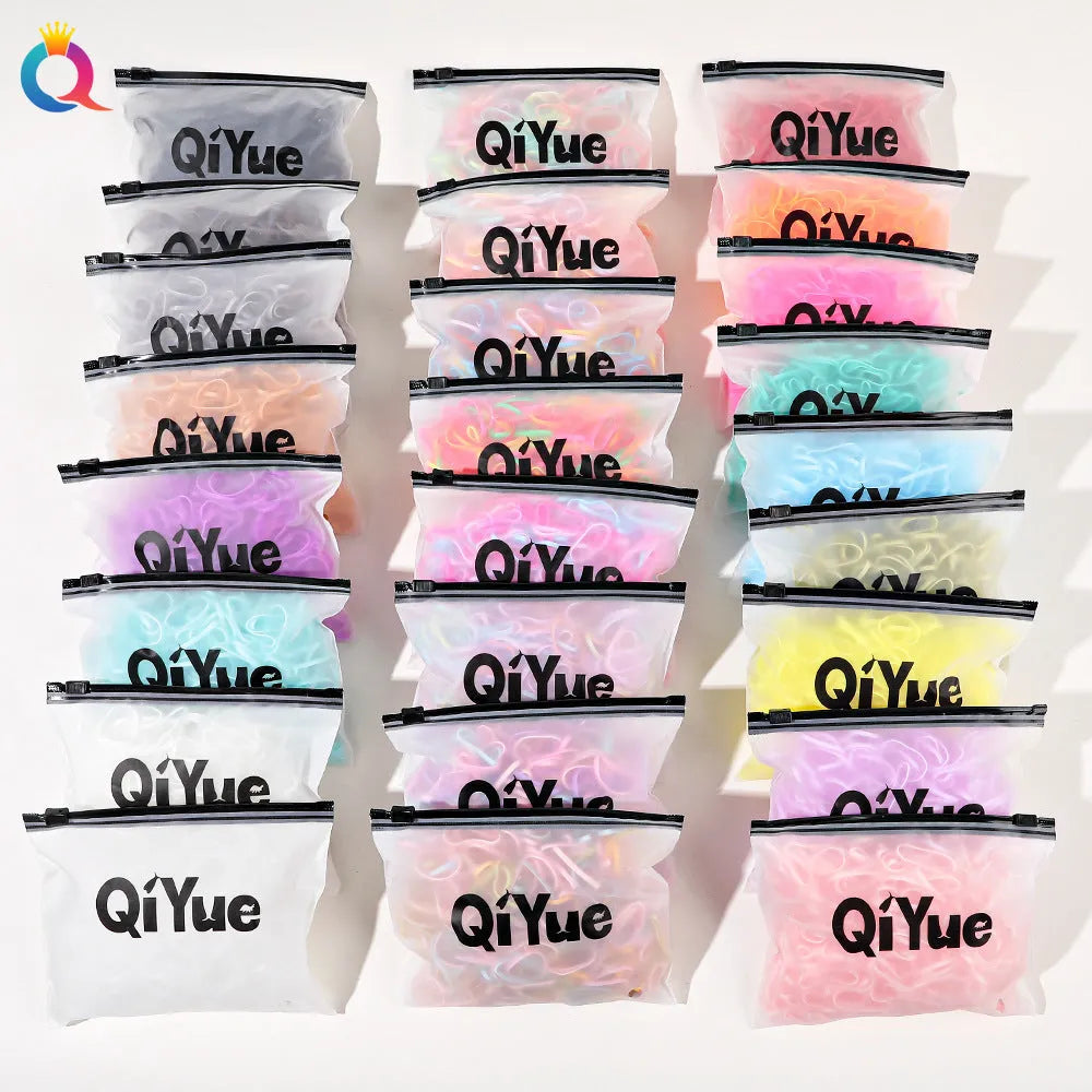 Children's disposable hair rubber bands 1000pcs strong pull cartoon design assorted colours deep coffee glittering powder grass green