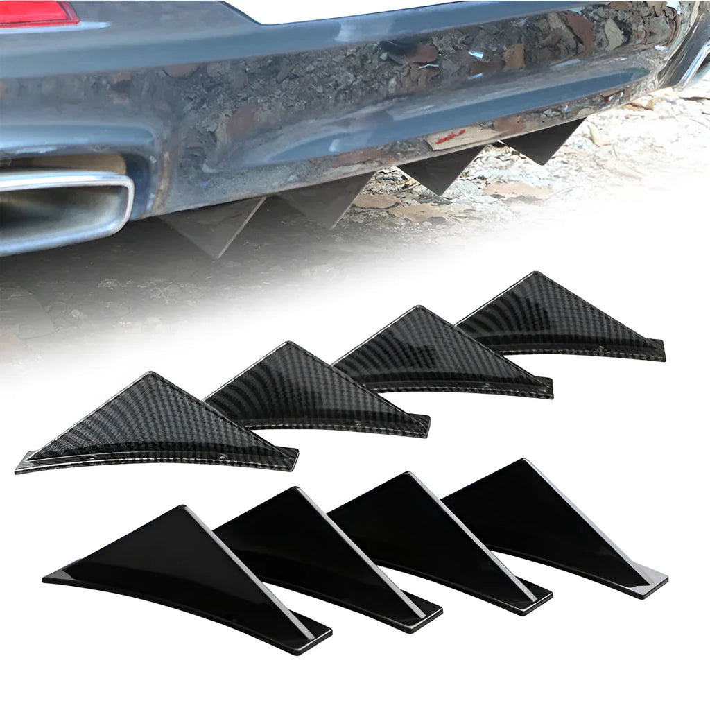 Four triangle car rear spoilers in ABS plastic with bright black and carbon fibre finish options