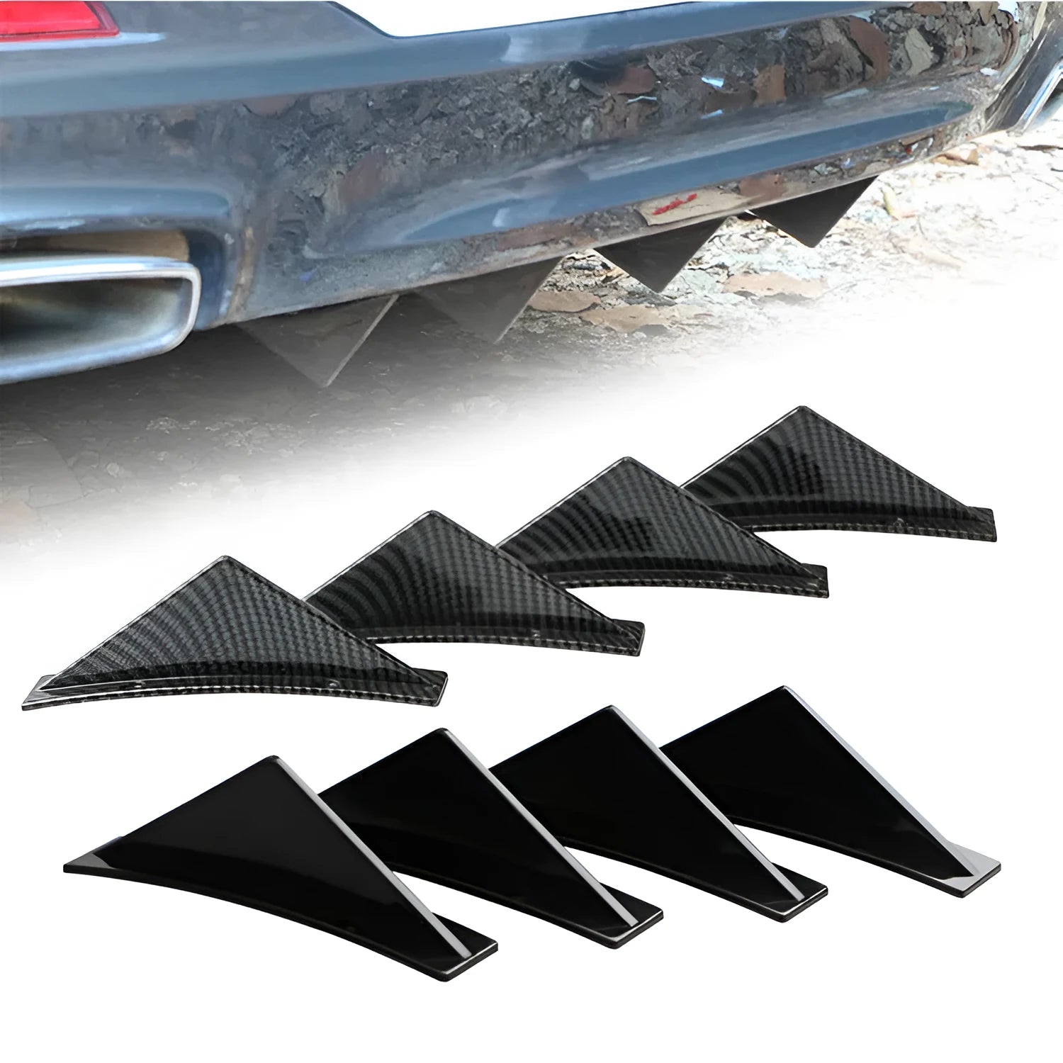 Four triangle car rear spoilers in ABS plastic with bright black and carbon fibre finish options