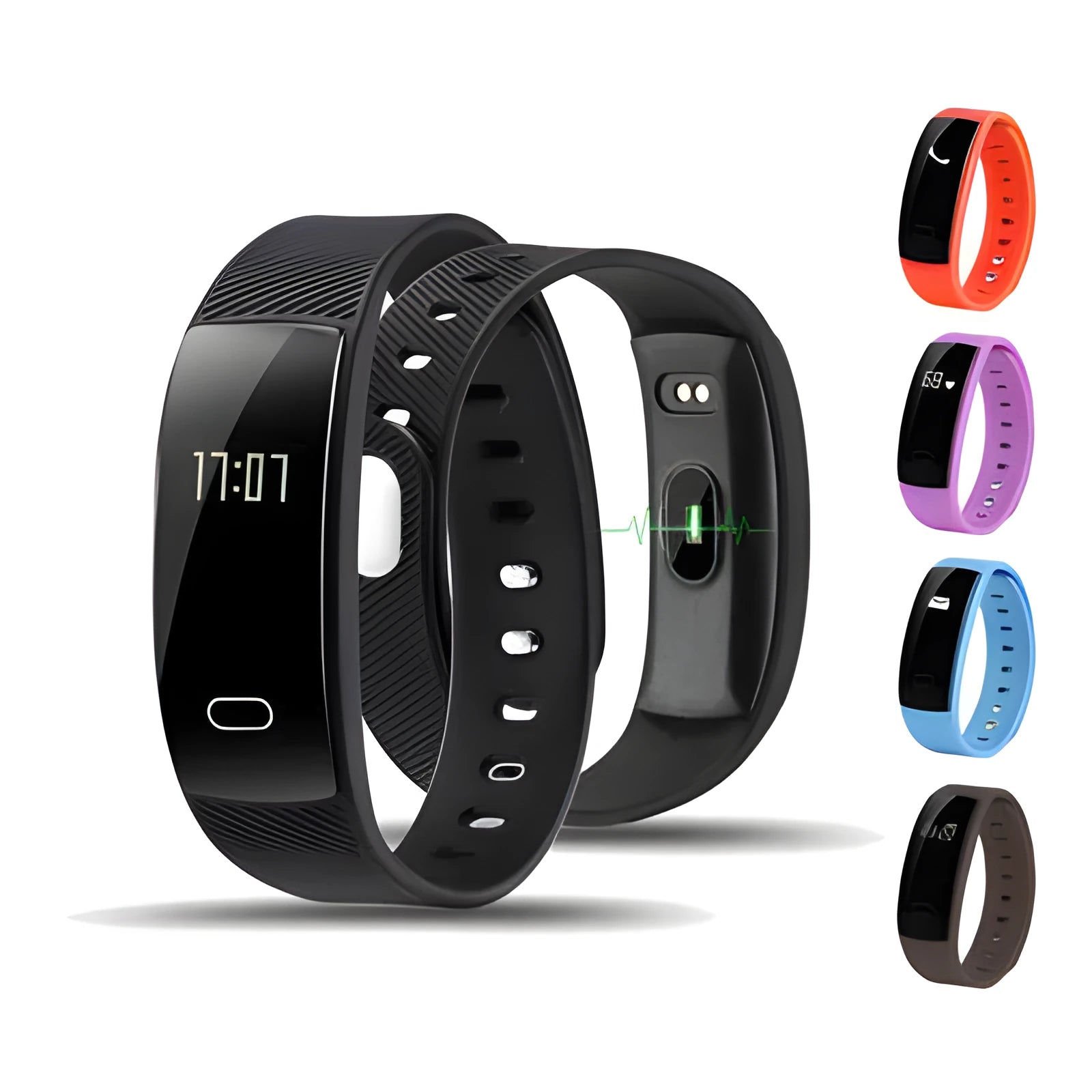 Smart fitness bracelet with OLED screen showing heart rate on wrist, available in black, blue, coffee, red, violet.