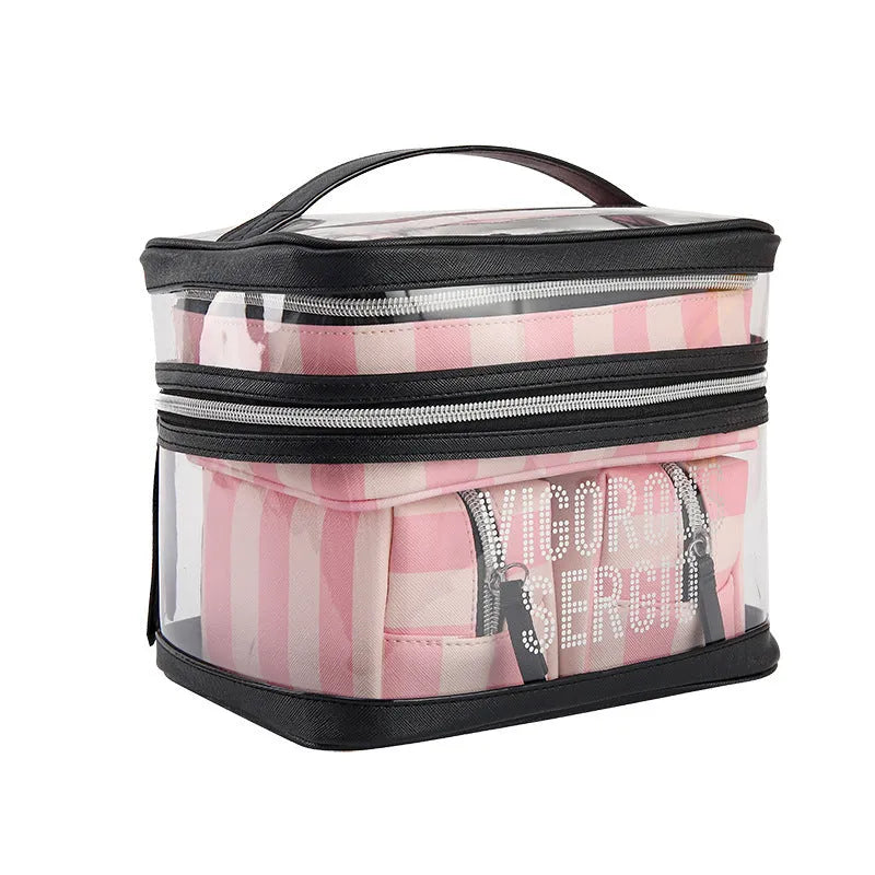 Pink bold stripe floral pattern waterproof synthetic leather folding makeup buggy bag with European American retro styling