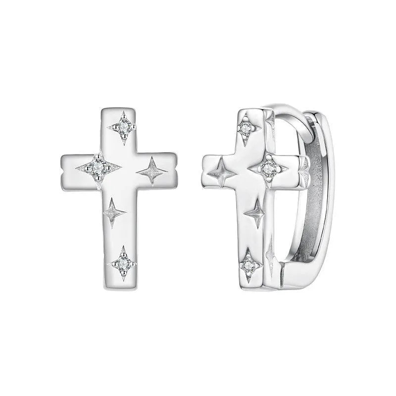 S925 sterling silver star cross ear clip for women, clip-on non-piercing design, European American style