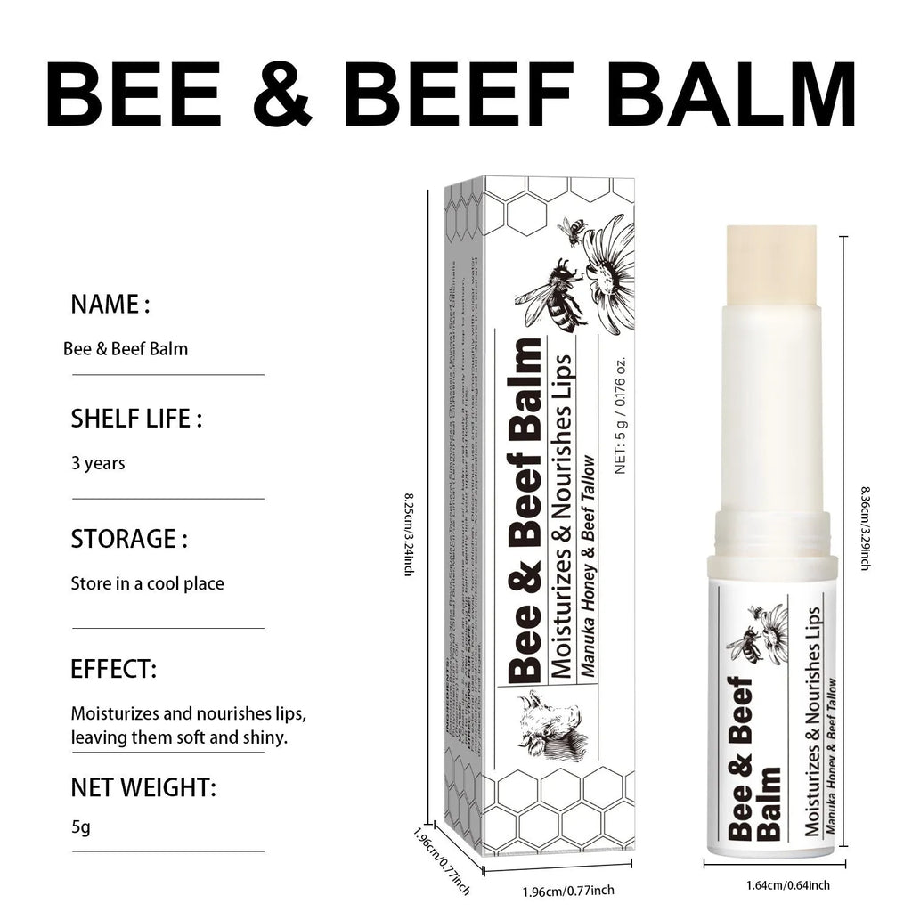 Organic beef fat lip balm stick measuring 83mm long with 5g content
