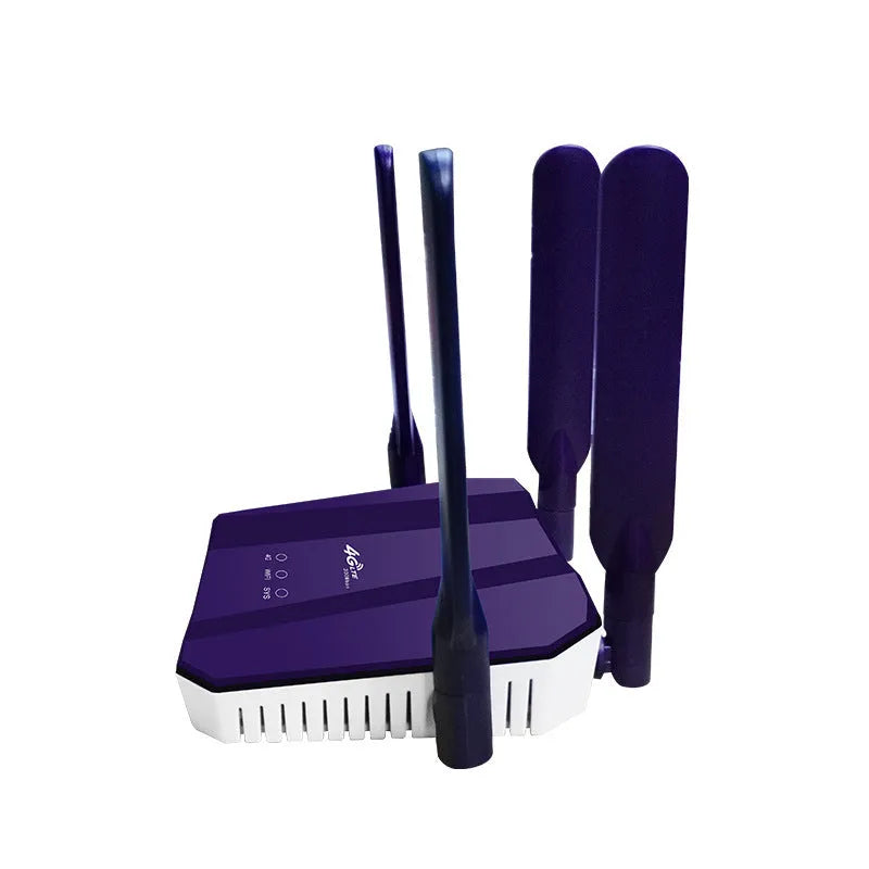 Blue 4G and wired dual-mode internet router with four external adjustable antennas.