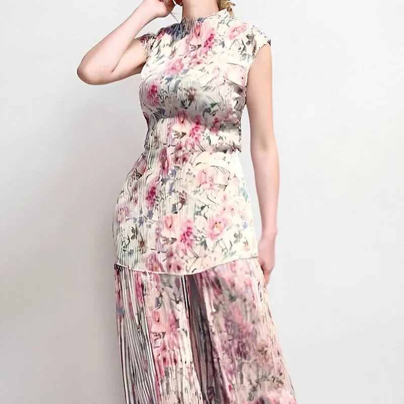 Long sleeve printed chiffon dress with matching high waist skirt in floral pattern