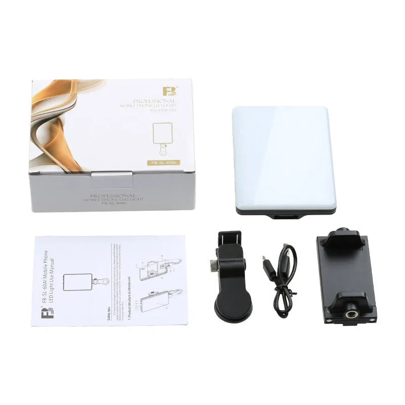 White mobile phone fill light with adjustable clip and dual colour temperature LED panel