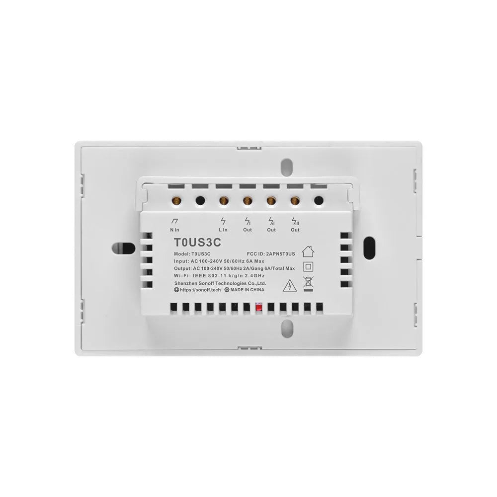 Smart wall switch with tempered glass panel, touch control, 220-250V 10A rating and 120mm mounting hole distance