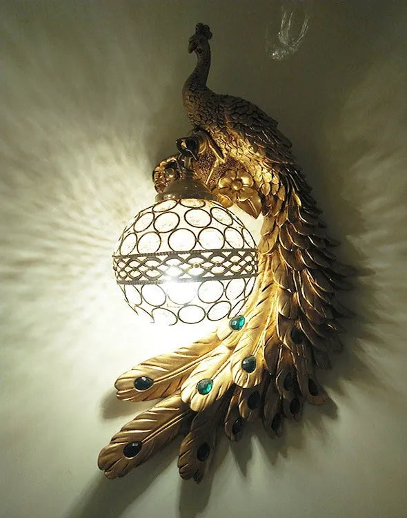 Blue paint resin peacock wall lamp with wrought iron frame and crystal cover for corridor decoration