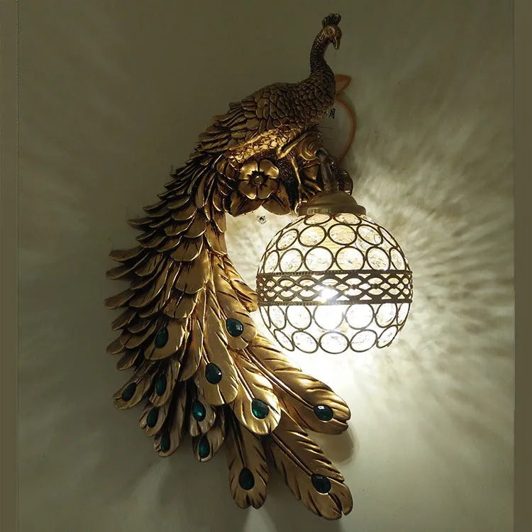 Blue paint resin peacock wall lamp with wrought iron frame and crystal cover for corridor decoration