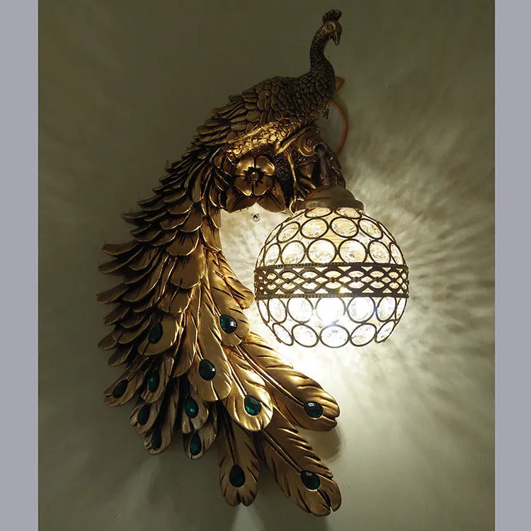 Blue paint resin peacock wall lamp with wrought iron frame and crystal cover for corridor decoration