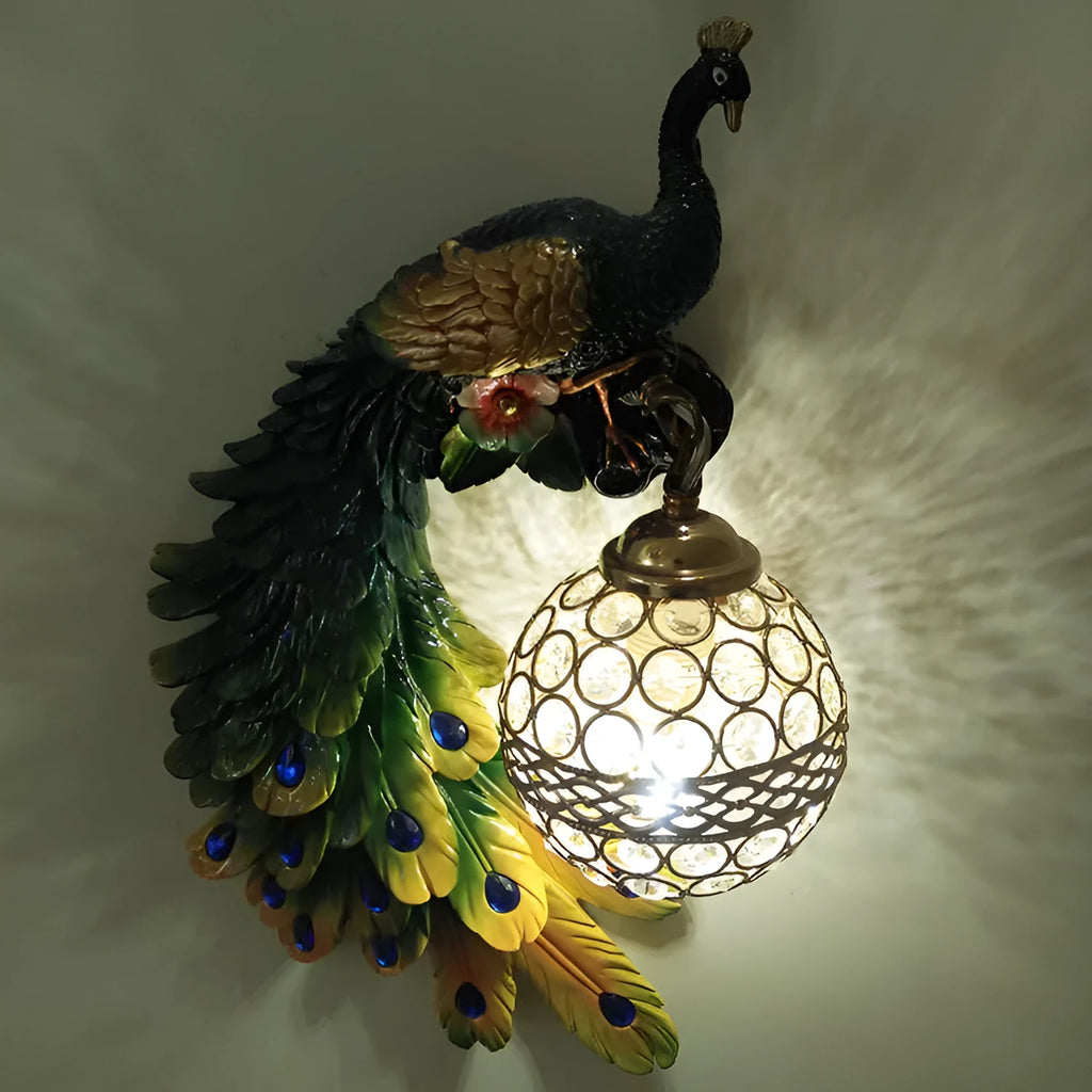 Blue paint resin peacock wall lamp with wrought iron frame and crystal cover for corridor decoration