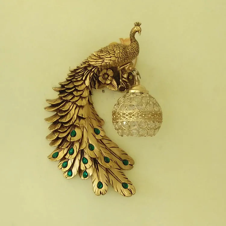 Blue paint resin peacock wall lamp with wrought iron frame and crystal cover for corridor decoration