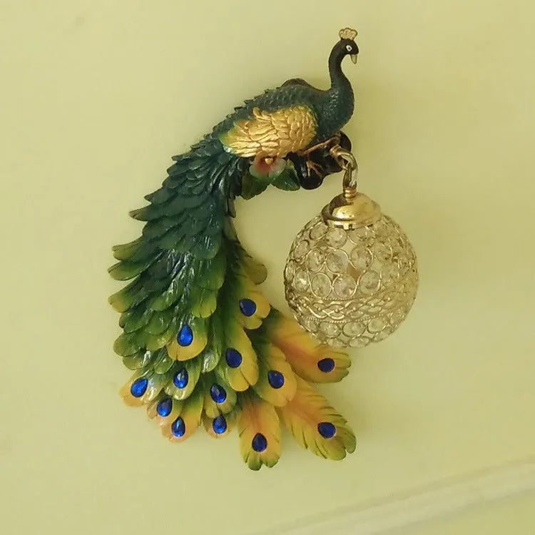 Blue paint resin peacock wall lamp with wrought iron frame and crystal cover for corridor decoration