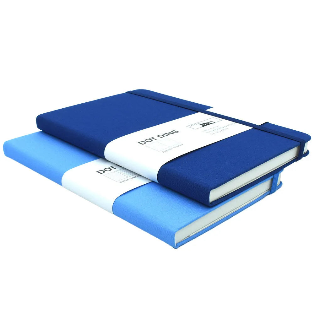 A5 bullet journal dot grid notebook with fabric hard cover, 160 pages of 100 GSM paper, available in red blue orange denim blue and gray