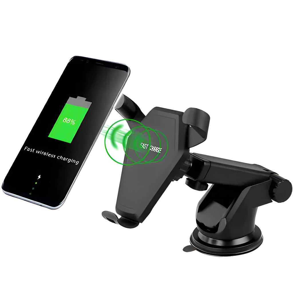 Black car wireless charger magic array with Micro USB input on a car dashboard