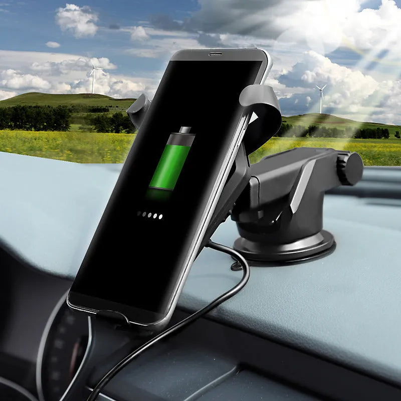 Black car wireless charger magic array with Micro USB input on a car dashboard