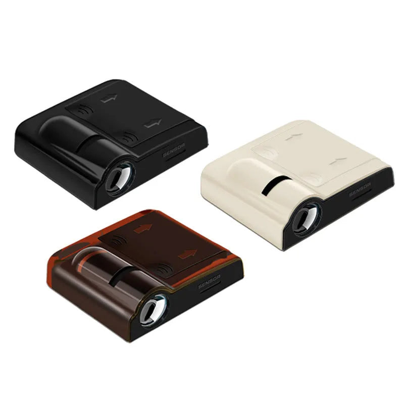 Black or beige ABS plastic car decorative projection lamp for dashboard, showing compact size.