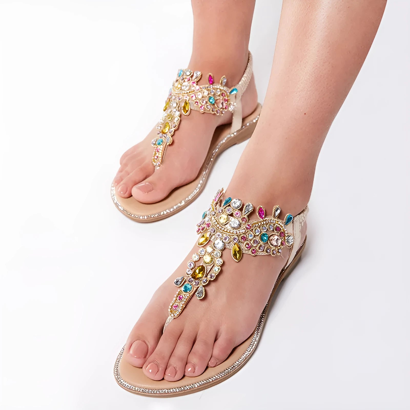 Gold sandals with colourful diamond decorations, low heel 1-3cm, and TPR sole