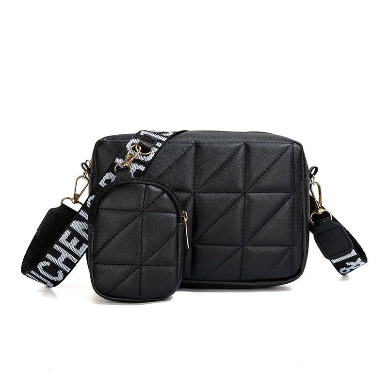 Women's two-piece PU leather messenger bag set in apricot with embroidery and lock detail, horizontal square shape