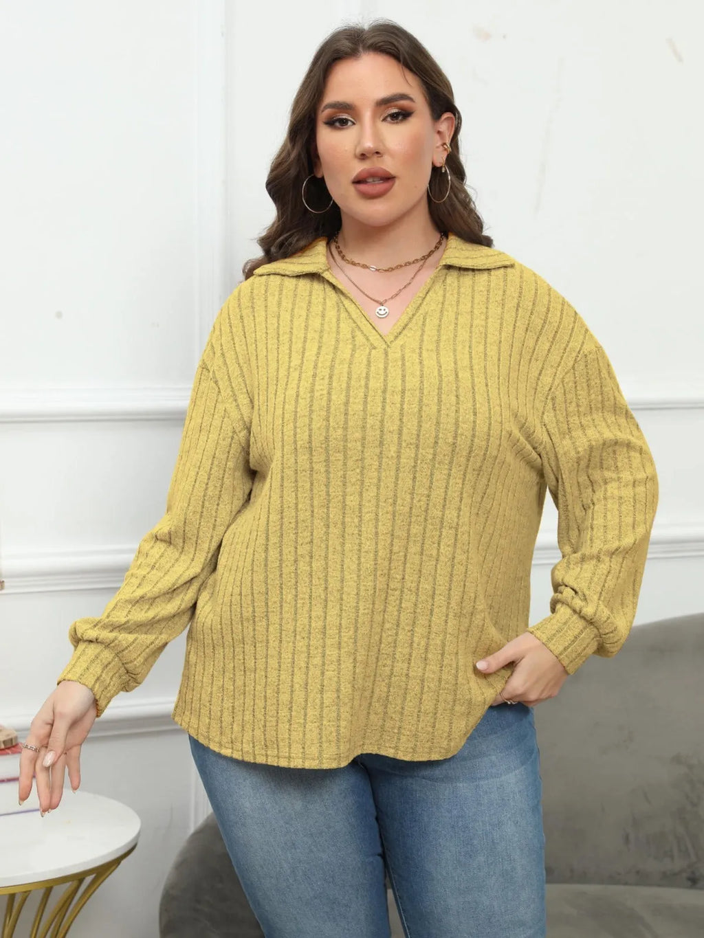 Women's plus size grey polo collar shirt with lantern sleeves in Gothic street style.