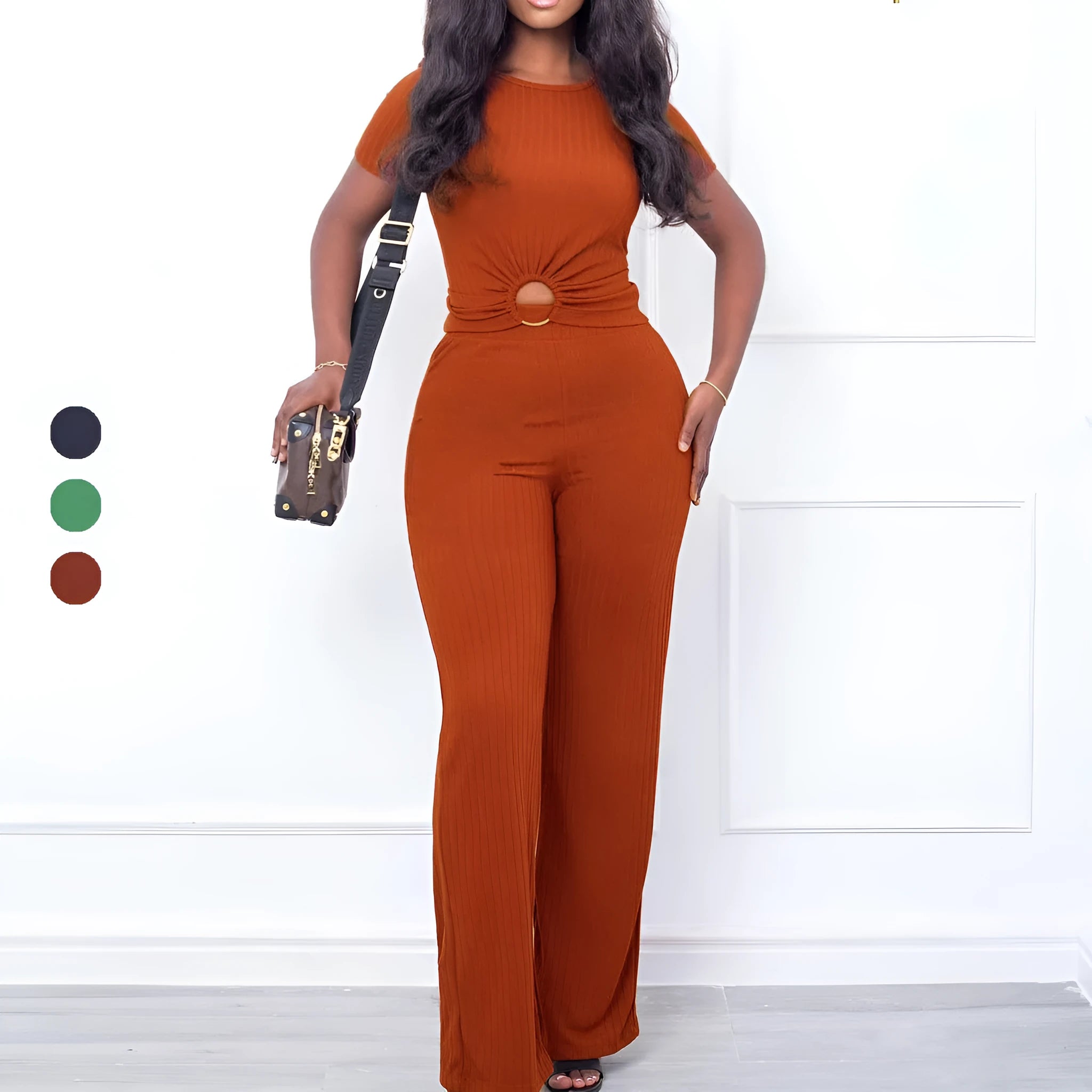 Women's solid colour polyester casual suit with three-quarter sleeve top and trousers, black colour option