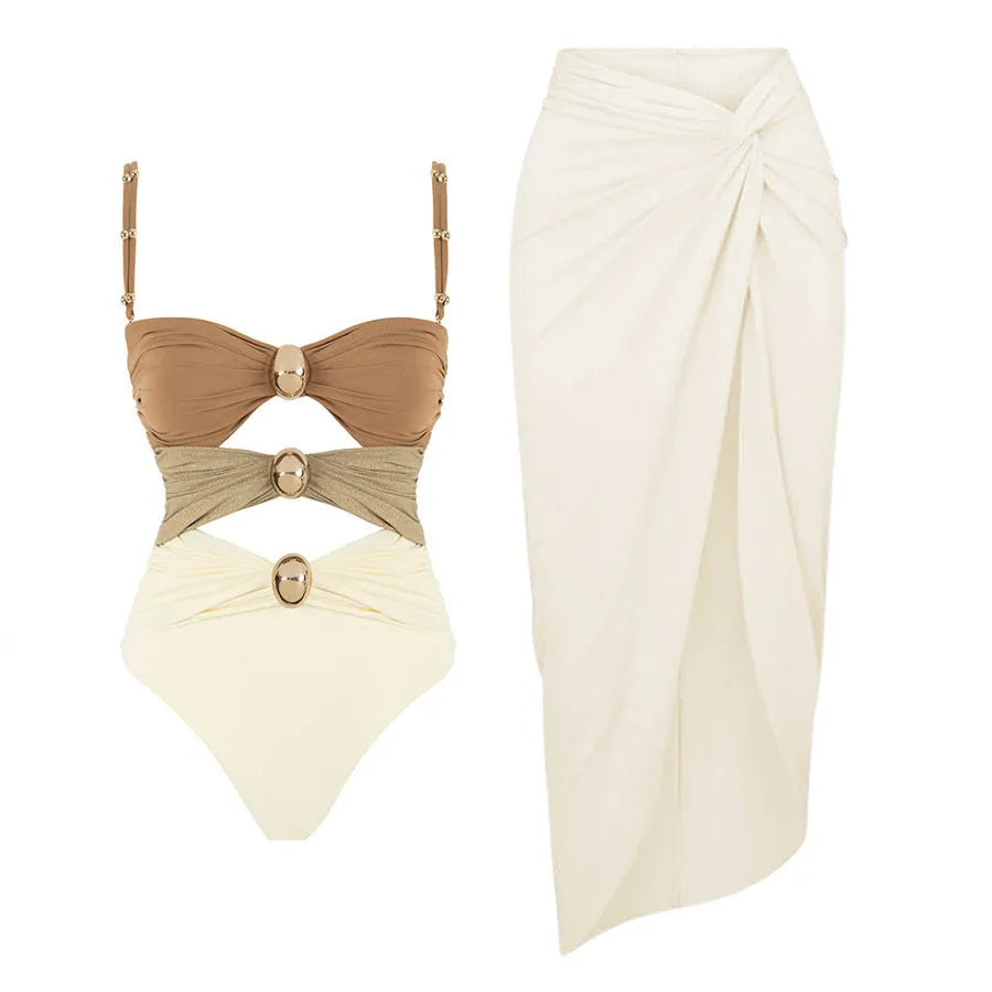 Women's gold button swimsuit with detachable skirt in nylon fabric, multiple colour options