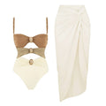 Women's gold button swimsuit with detachable skirt in nylon fabric, multiple colour options
