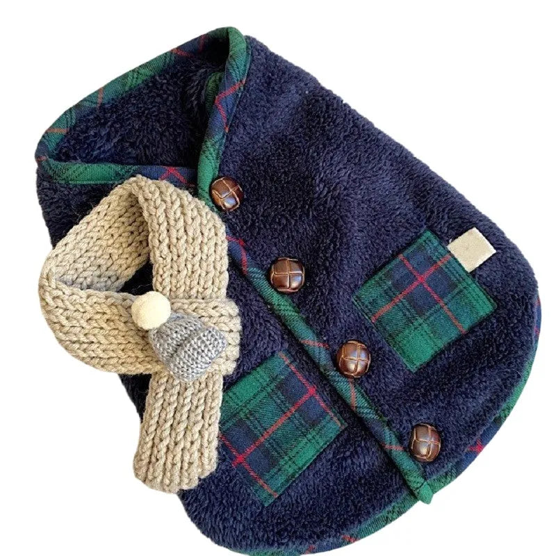 Navy blue pet fleece jacket with checkered pattern, Sherpa lining, decorative buttons, and snowman accent on a small dog
