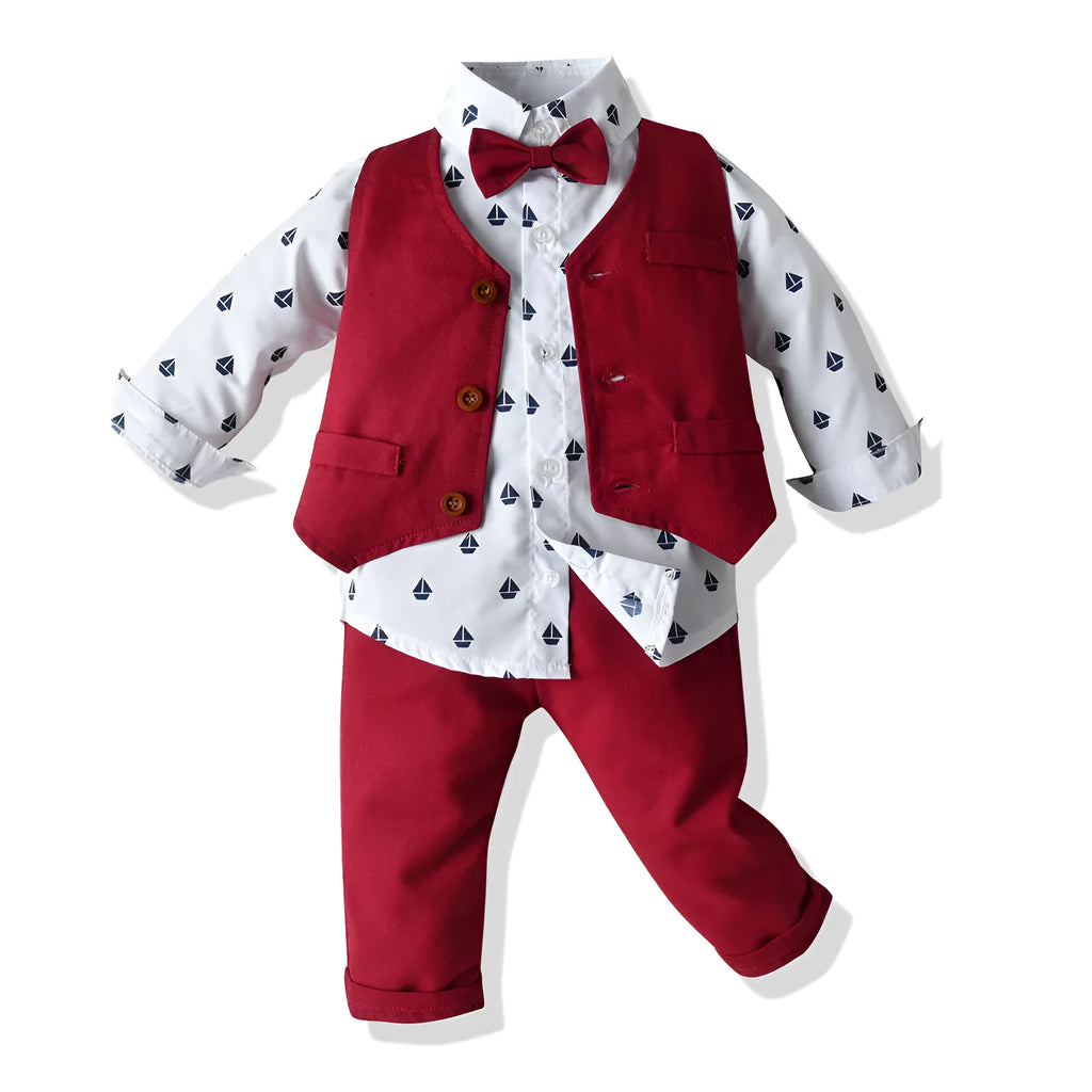 Boys red cotton long-sleeved shirt vest and trousers three-piece suit set for children