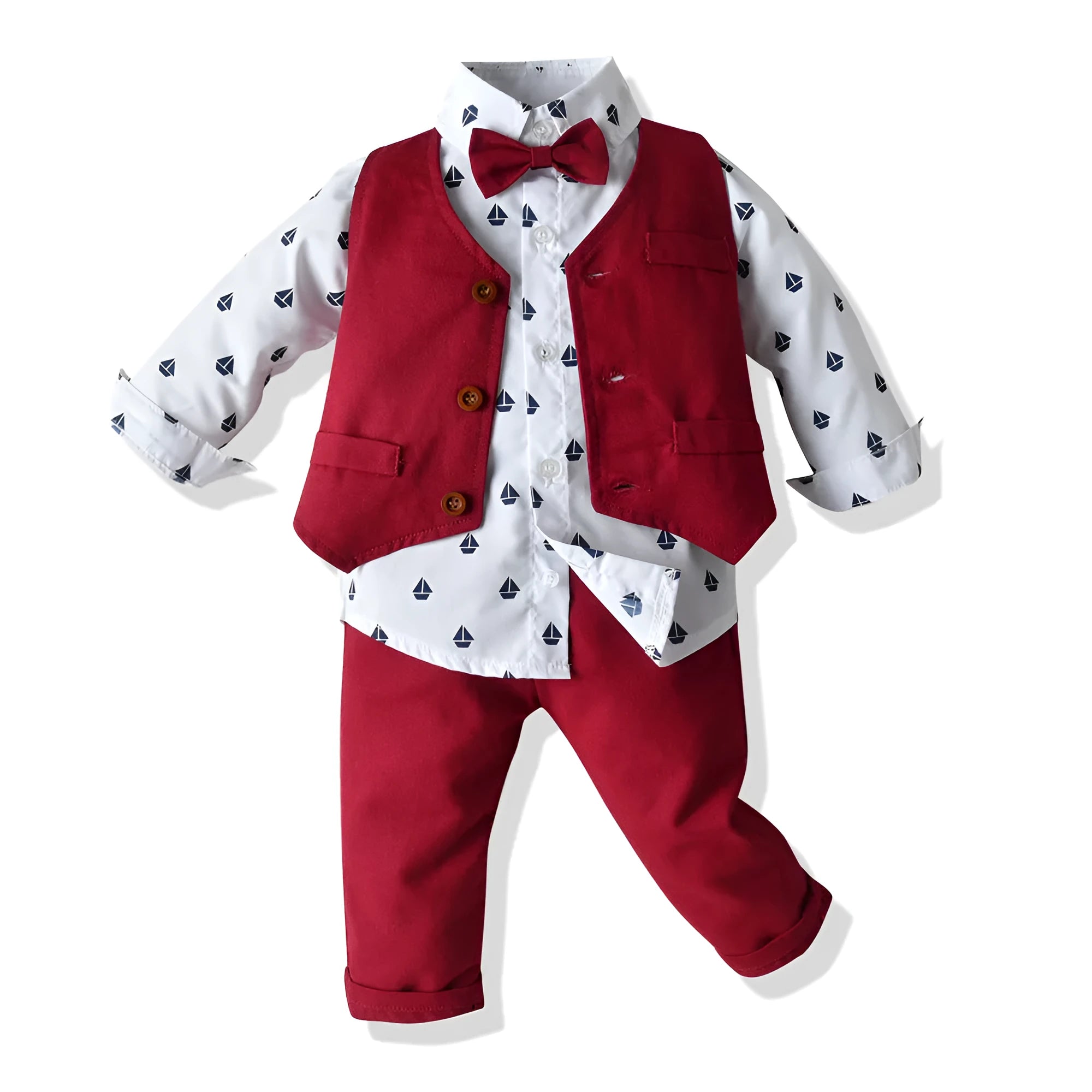 Boys red cotton long-sleeved shirt vest and trousers three-piece suit set for children