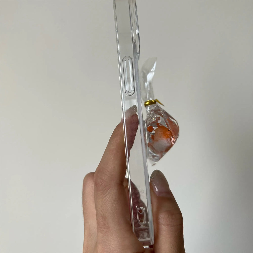 Transparent 3D fish water bag phone case for iPhone showing cartoon fish design