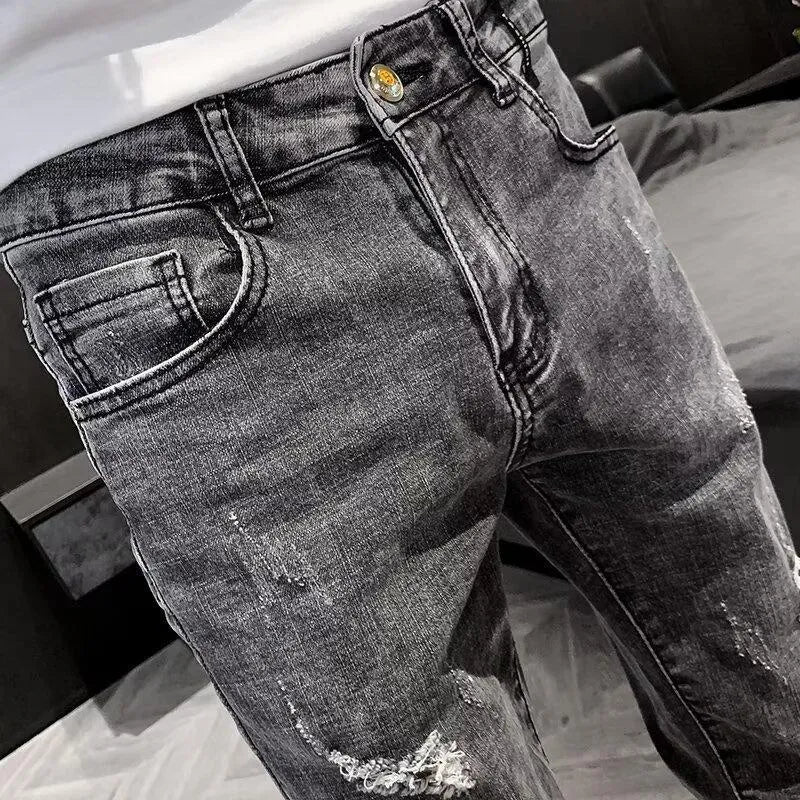 Men's high-waist denim jeans with button fly in basic style