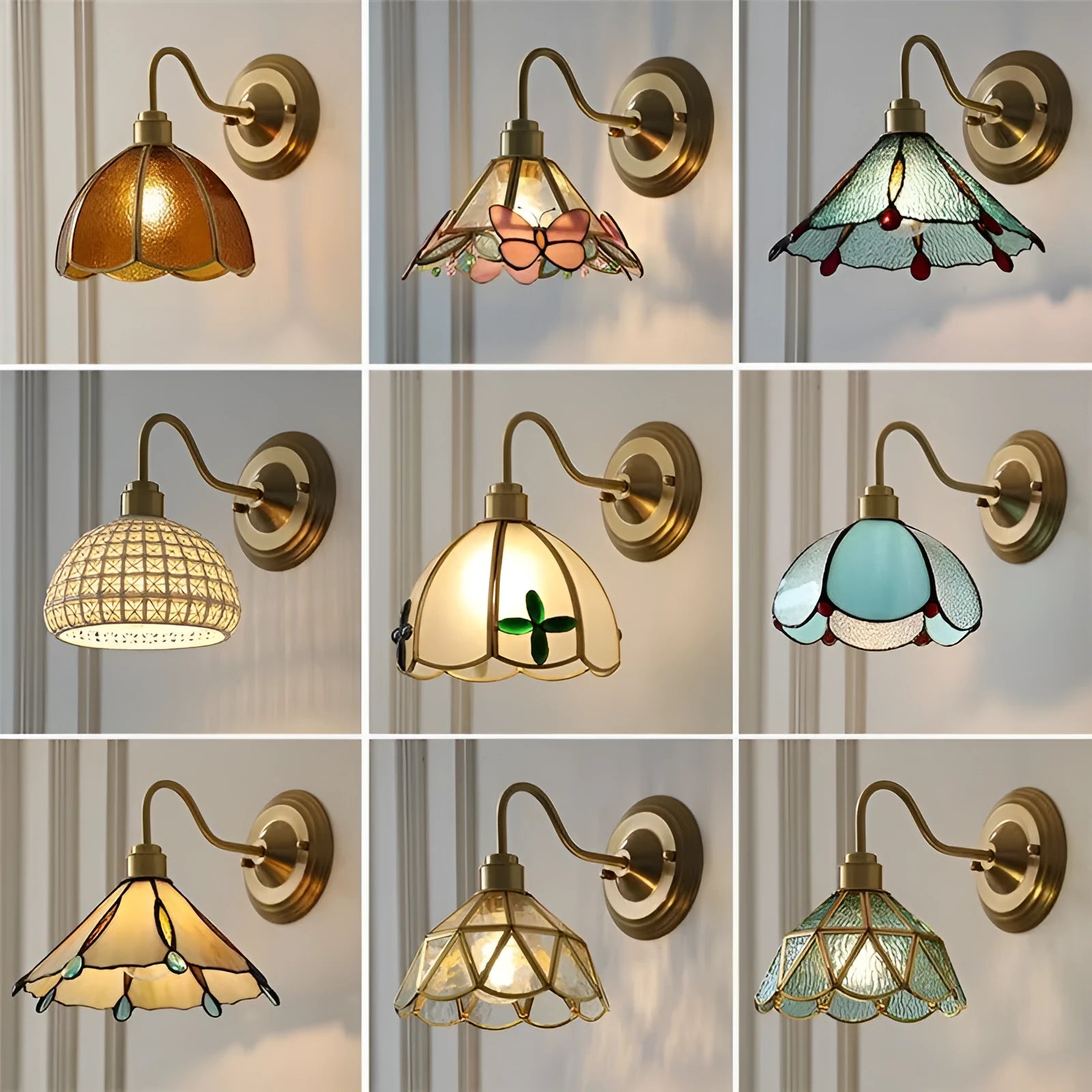 Retro brass glass wall lamp with stone pattern shade in transparent colour, mounted on a wall