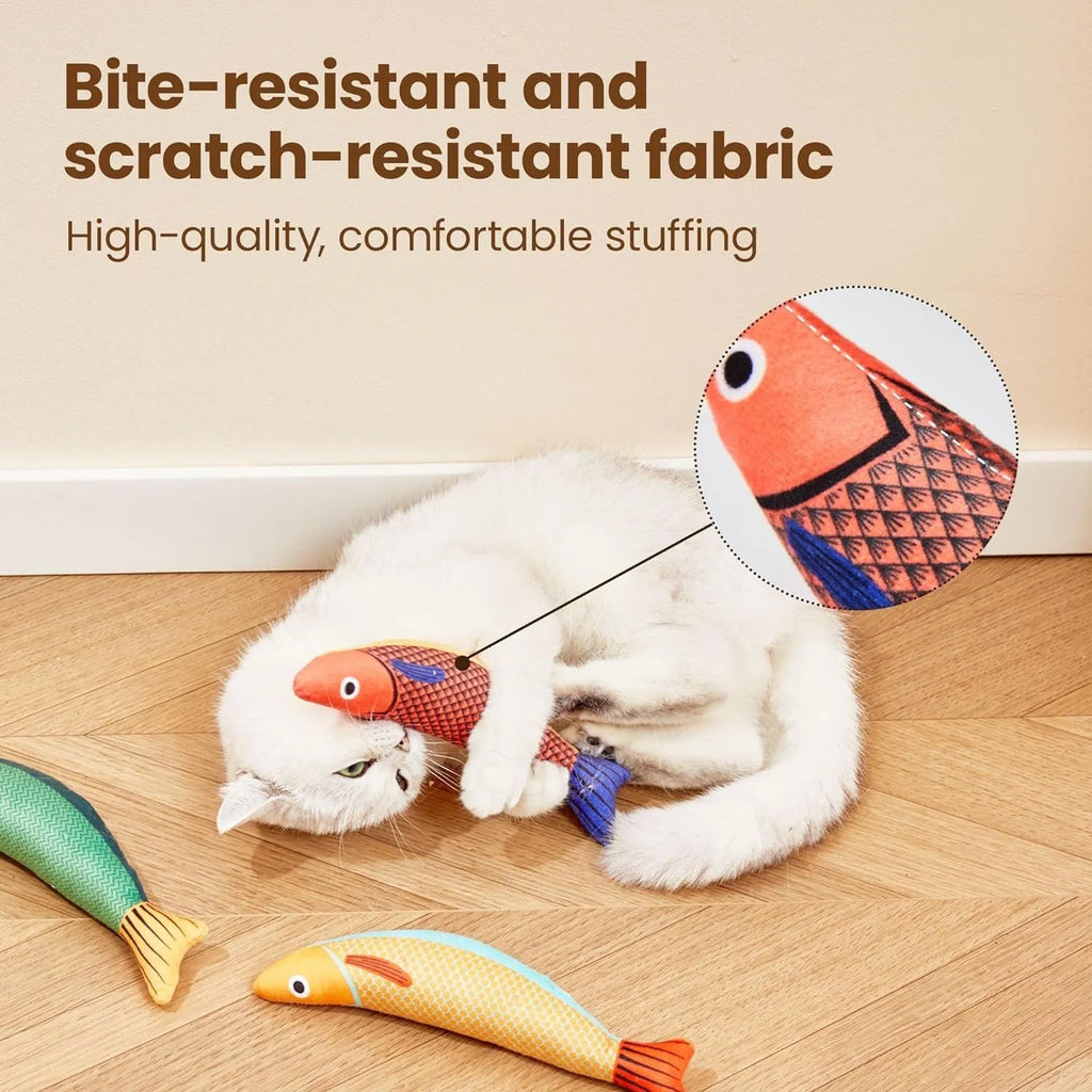 Plush fish-shaped cat kicker toy with organic catnip filling in green, orange and yellow colours