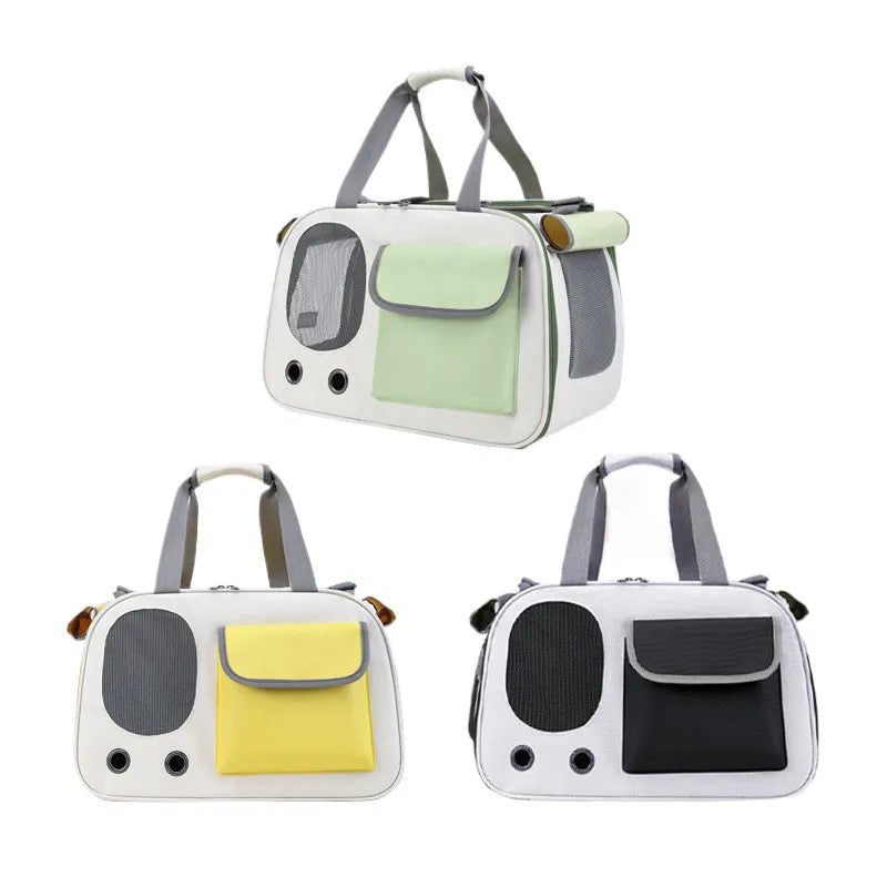 Foldable single shoulder pet carrier bag in canvas, shown in yellow, green and black colour options