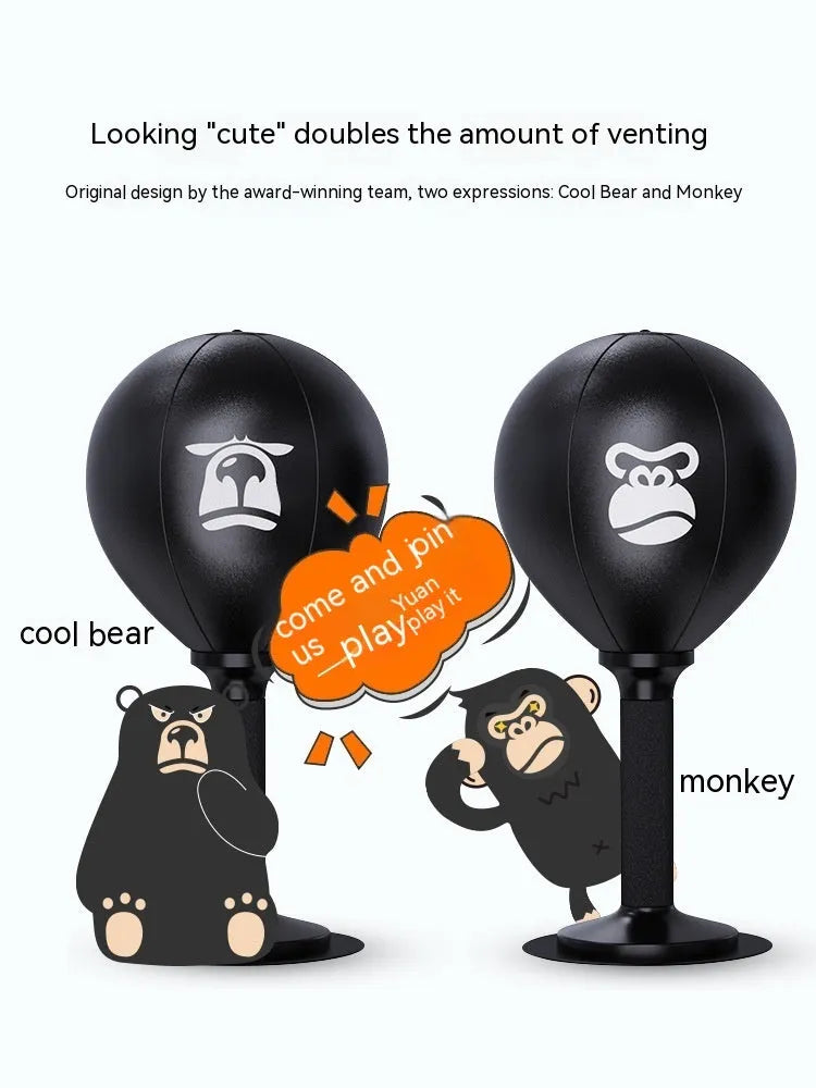 Desktop speed ball with PU ball, vertical connecting rod, base, and pump in Cool Bear, Ruffle Monkey, or Small Monster colours