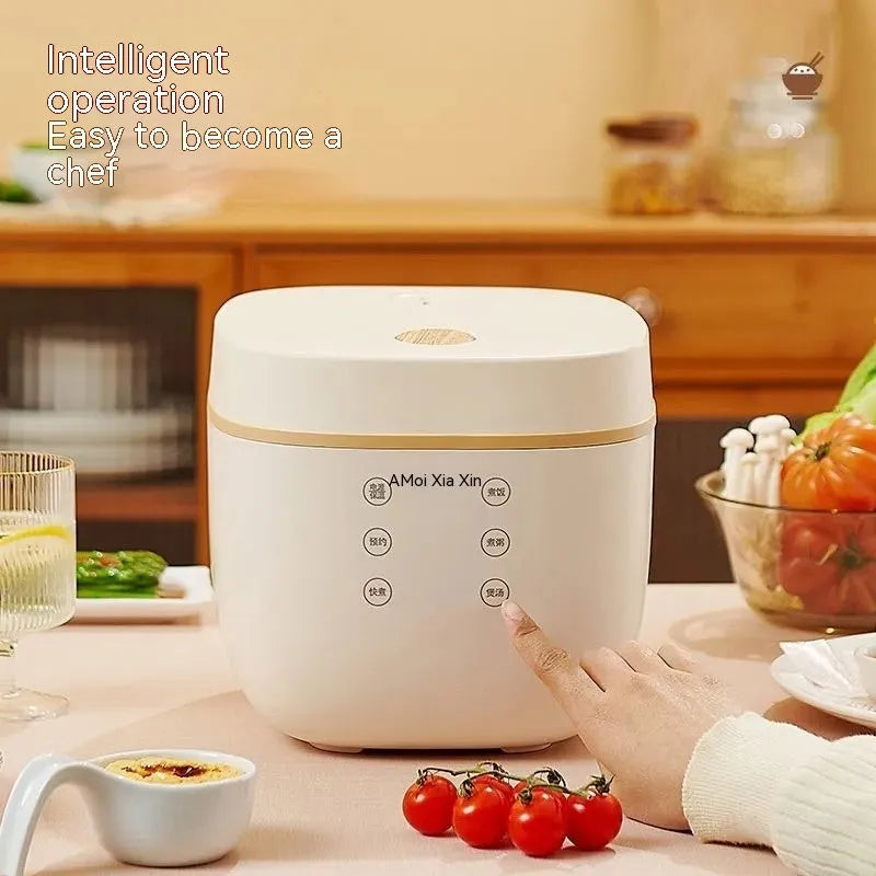 White or beige plastic rice cooker with black crystal inner pot and digital display