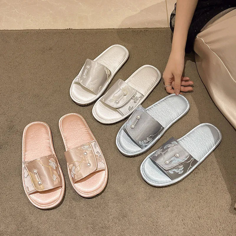Casual soft bottom slippers in blue with non-slip TPR sole for women, side view