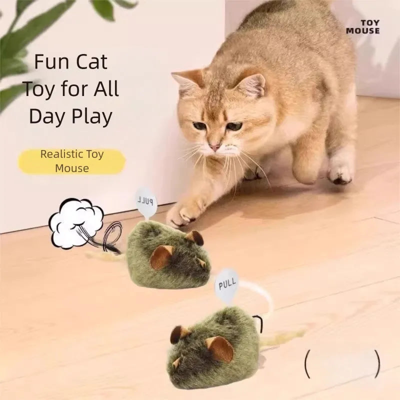Plush mouse cat toy with tail, flannel surface and lanyard for interactive chirping play