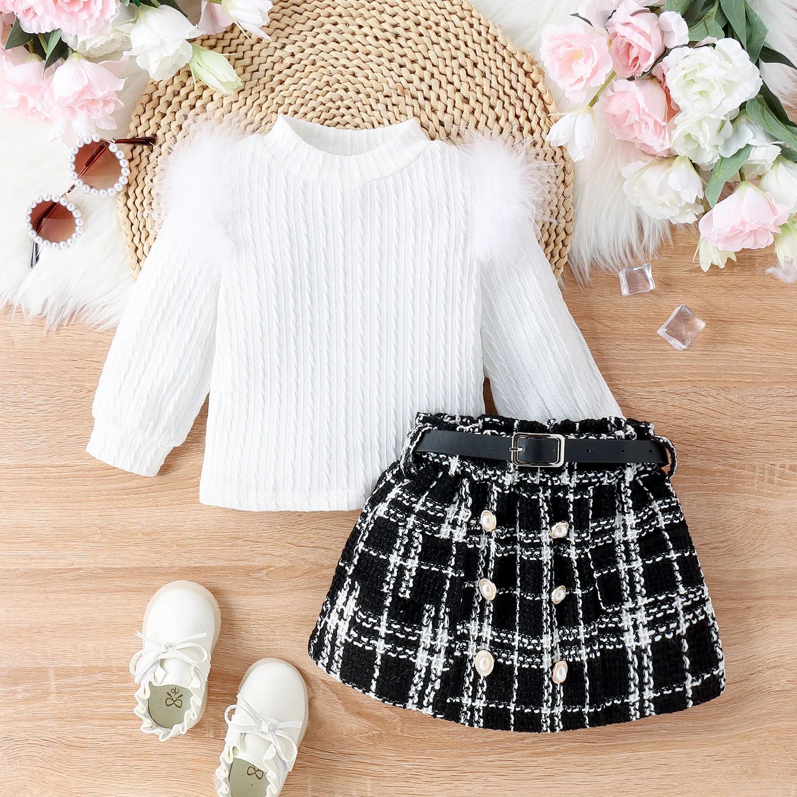 Girls' white three-piece suit set with furry top, woolen skirt, and belt for autumn and winter