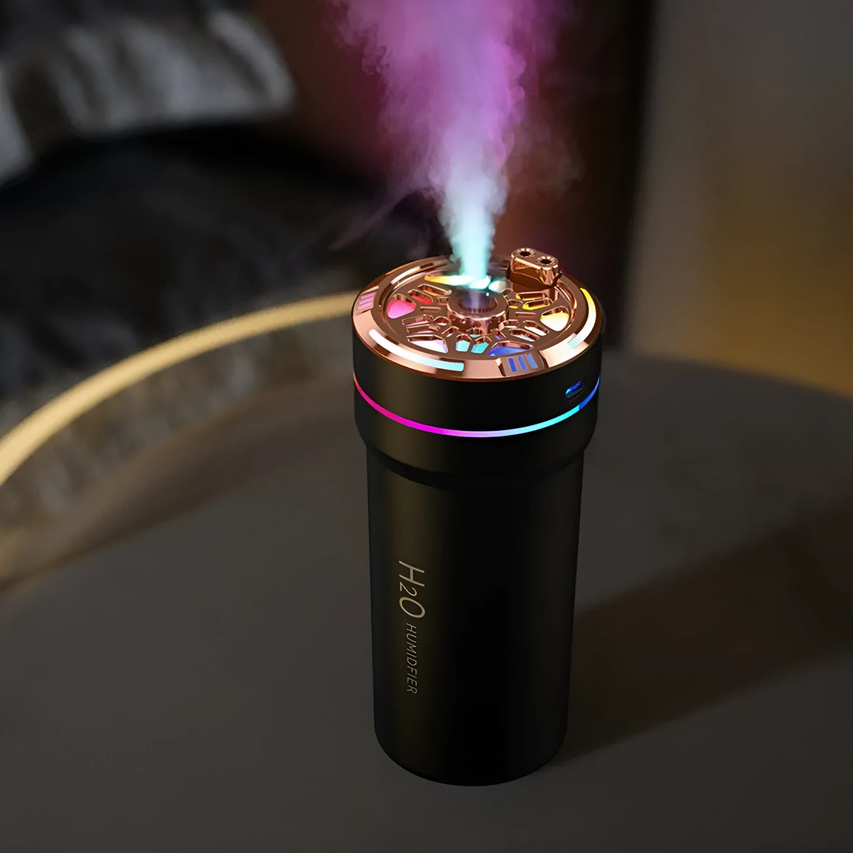 Plastic car humidifier with starry sky projection ambience light in black colour option