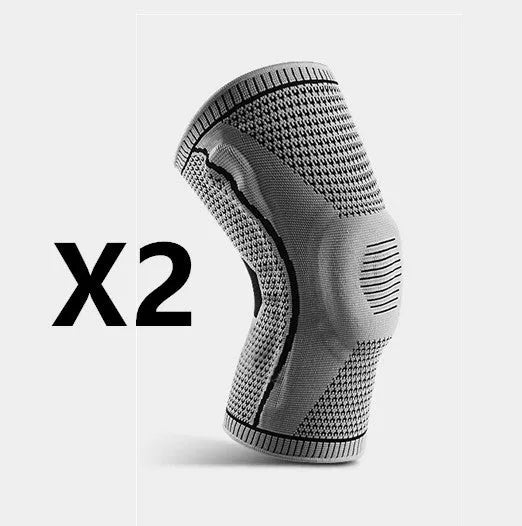 Knitted knee pads in black, grey, blue, and red colours for sports use