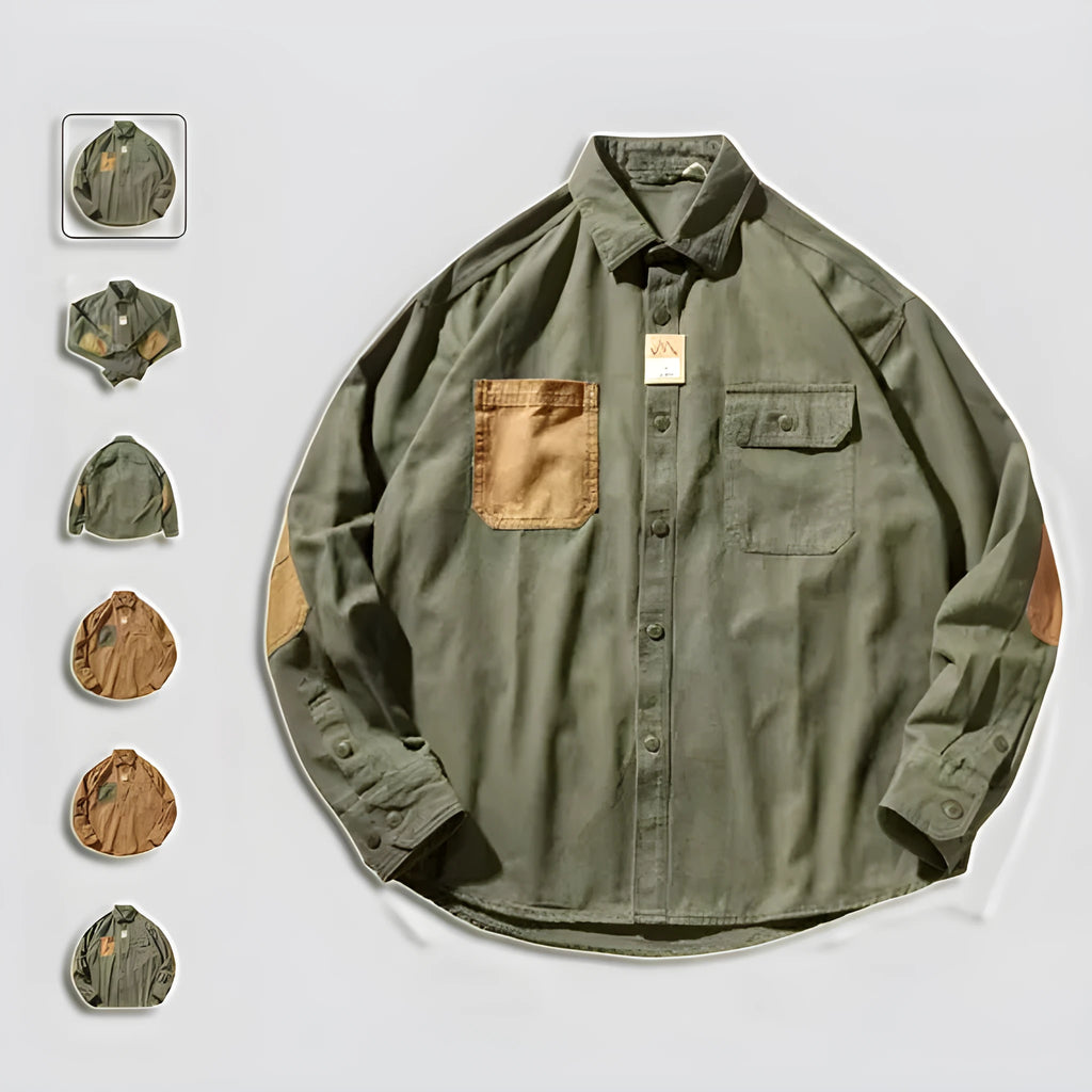 Men's long-sleeved washed cotton-blend shirt in khaki or army green, loose Harajuku retro tooling cardigan style, sizes M-3XL