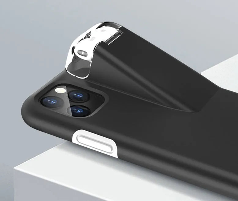 Matte acrylic and silicone AirPods charging case cover with iPhone edge protection in black colour