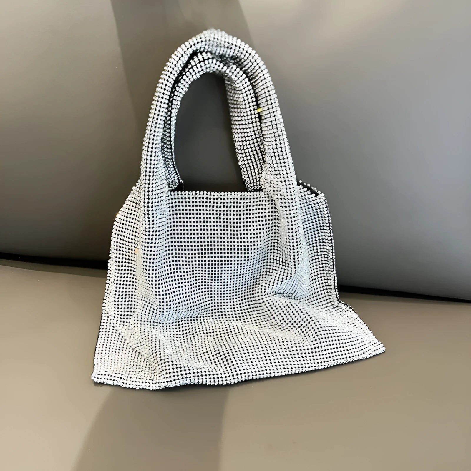 Silver cotton thread handbag with rhinestone decoration and open outer pocket