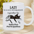White ceramic mug with 11oz capacity featuring a creative picture design applied by thermal transfer.